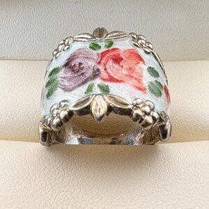 Vintage Vargas Sterling Vermeil Guilloché Enamel Floral Cigar Band Ring - SZ 6
